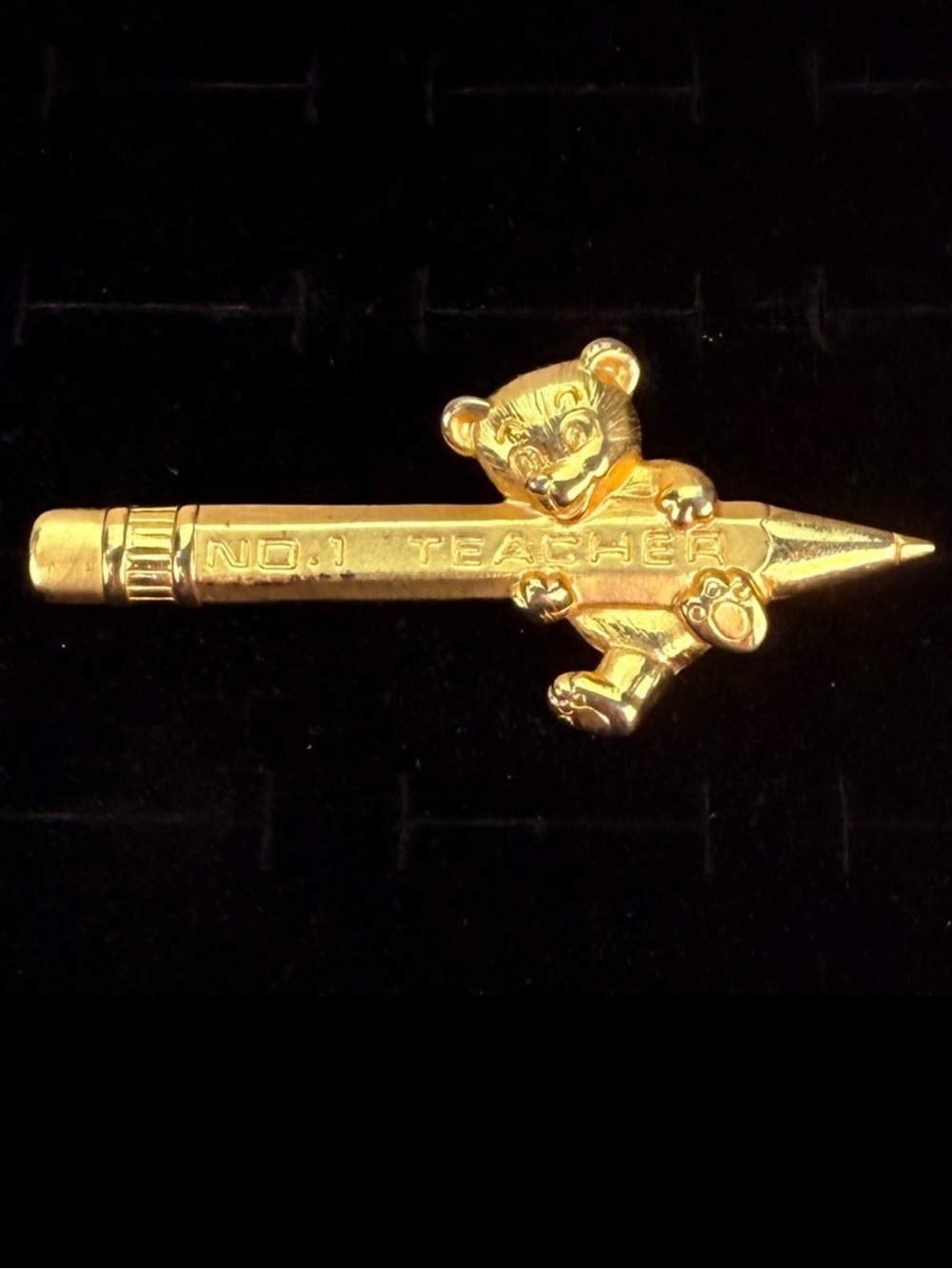 Vintage Goldtone No. 1 Teacher Bear Pencil Brooch